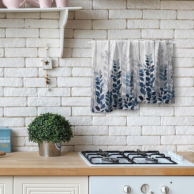 Giwawa Blue Eucalyptus Leaves Hand Towels Set of 2 Rustic Wood Soft Guest Bath Towel Kitchen Dish Towels Spa Home Bathroom Decorations