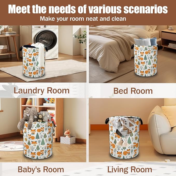 Laundry Basket Cute Fox Collapsible Laundry Baskets Waterproof Oxford Cloth With Handles,Forest Animal Laundry Hamper Clothes Storage Bucket Toy Organizer for Bathroom/Nursery/Bedroom 16" x 20.8"