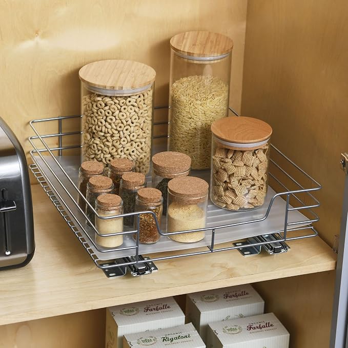 Household Essentials Brushed Steel Pull-Out Pantry Organizer with Plastic Liner, Nickel Finish