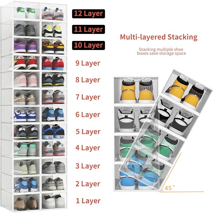 Seseno 12 Pack Shoe Storage Bins, Clear Plastic Stackable Shoe Organizer for Closet, Space Saving Foldable Shoe Rack, Shoe Box Sneaker Holder Container