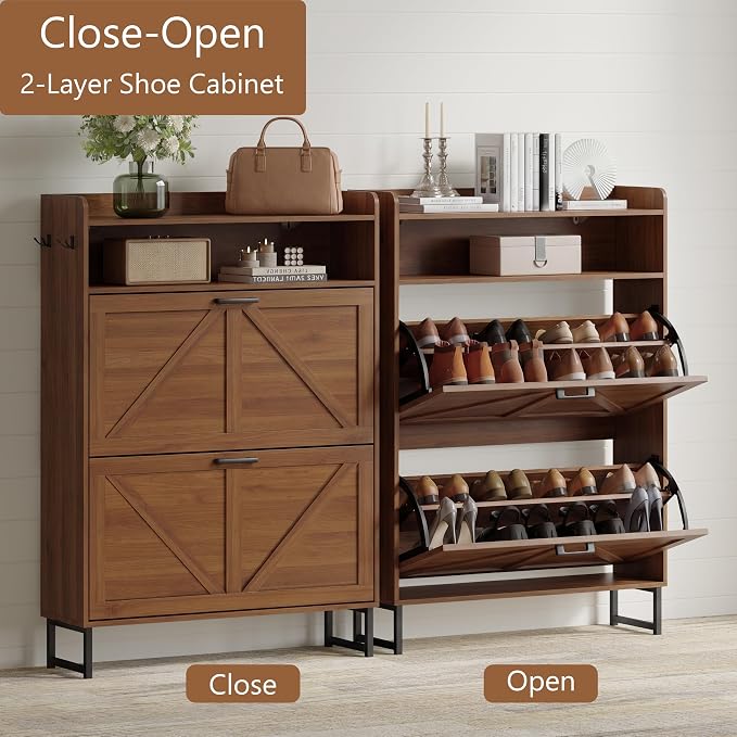 Xixini Shoe Storage Cabinet with 2 Flip Drawers, Entryway Shoe Rack, Walnut | Freestanding Narrow Shoe Storage, Hidden Slim Wood Shoe Organizer, Modern Farmhouse, Open Storage & Hooks for Closet, Hallway