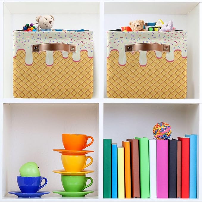 Wamika Ice Cream Drip Baseball Storage Basket with Waterproof Liner and PU Handles White Vanilla Storage Bins Boxes 14.2" Collapsible Decorative Organizer Baskets for Bedroom Closet Office 1 Pack