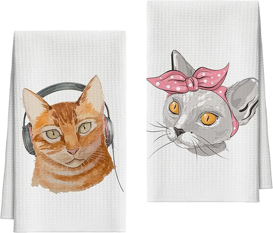 Kitchen Towels Set of 2, Headphone Cat Dish Towel for Kitchen, Funny Pink Bow Kitten Hand Towels for Bathroom, Fast Drying Tea Towel, Housewarming Xmas Gifts for Cat Lover Women Mom -B09