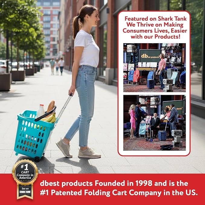 dbest products Bigger GoCart Grocery Cart Rolling Shopping Laundry Basket on Wheels Hamper with Telescopic Handle Cleaning Caddy Trolley, Teal, Bigger 1 pack