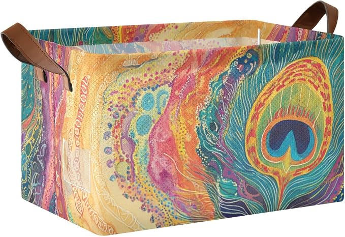 Colorful Boho Peacock Feather Storage Bins for Shelves with Labels&Handles Fabric Organizer Bin Foldable Rectangle Storage Basket Boxes for Closet, Bathroom, Home, Living Room