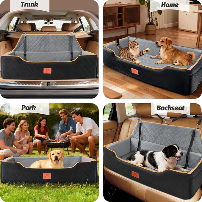 XIEEAOZEE Large Dog Car Seat for Pets Under 100 lbs, Backseat Dog Car Bed | Washable Pet Booster Seat for 2 Medium Dogs, Pet Travel Seat with Storage Pockets, Safety Belts