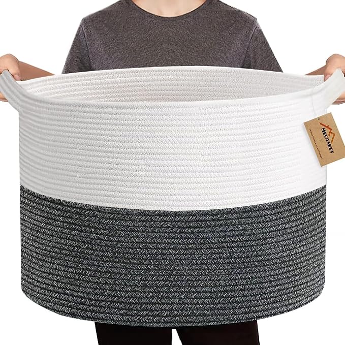 MEGASKET Large Throw Blanket Basket, 22" X 22" X 14" XXXL Blanket Holder for Living Room, Big Wicker Baskets for Storage, Woven Cotton Rope Kids Toy Box, Throw Pillow Holder Organizer Bin