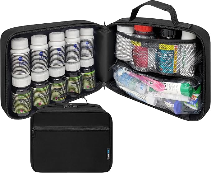 Large Pill Bottle Organizer & Travel Medicine Bag, Elastic Bands | Prescription bottle organizer with 10 elastic bands and padded storage for medication bottles, supplements, vitamins
