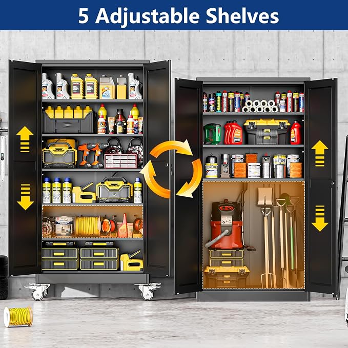 Ckzbx Metal Large Garage Storage Cabinet with Locking Doors and Adjustable Shelves,73.6" H Rolling Tool Storage with Wheels for Garage,Office (Black)