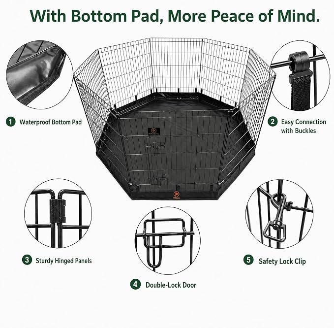 PJYuCien Puppy Playpen with Bottom Pad and Door, 8 Panels 36" H, Black | 24"W, Dual-function Pad, For Medium Pets, Foldable Octagonal Pen, Versatile, Indoor & Outdoor, Backyard, Protects Floors