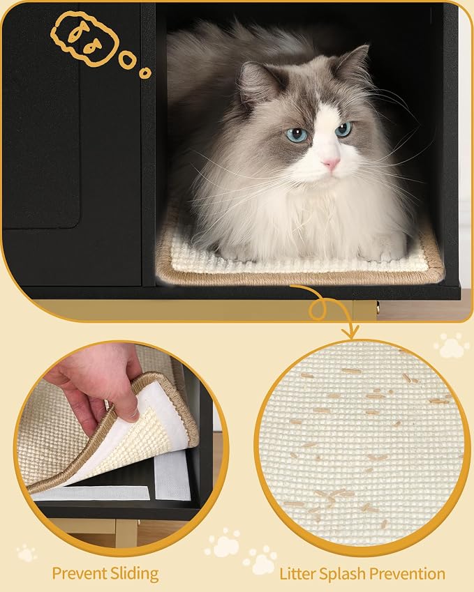 Hzuaneri Cat Litter Box Enclosure, Hidden Litter Box Furniture with Storage | Large Wooden Cabinet with Sisal Mat, Modern Cat Washroom for Living Room, Bedroom, Entryway, Black and Gold CB01504G