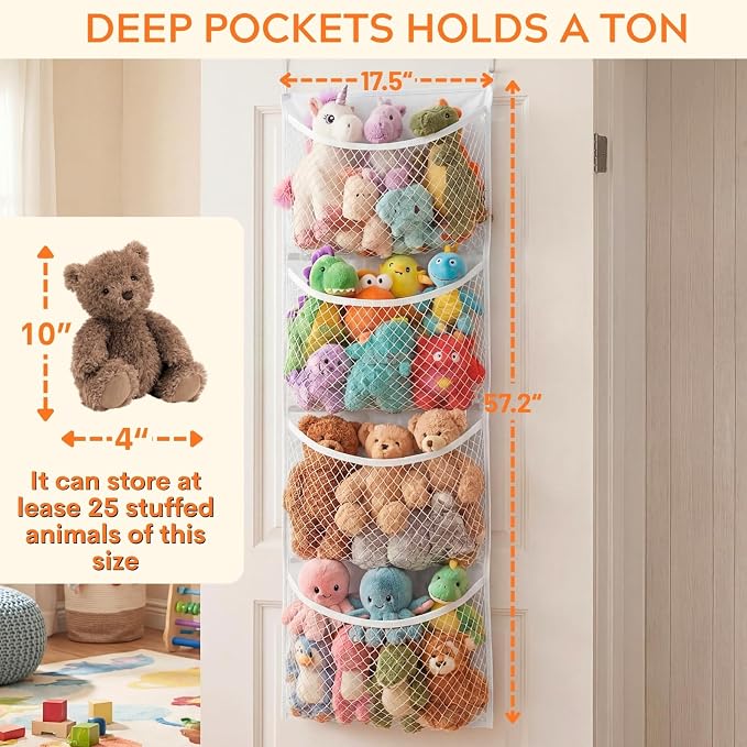 Over The Door Stuffed Animal Storage, Cotton Toy Organizer for Storage Plush Toys, Stuffed Animal Holder with 4 Large Pockets, Hanging Door Organizer for Nursery, Bedroom (White)
