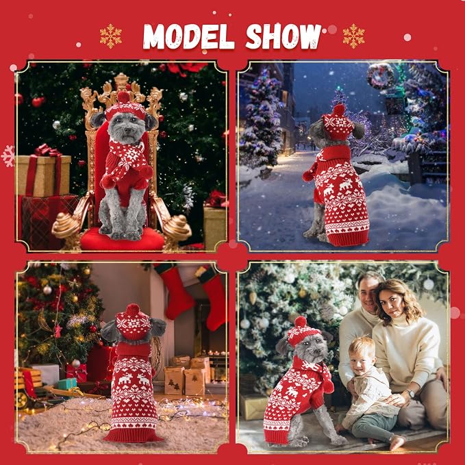 ABRRLO Dog Christmas Outfit 3 PCS Set Pet Xmas Sweater Hat Scarf Snowflake Christmas Dog Cat Sweaters Costume Winter Warm Small Dogs Clothes New Year Holiday Puppy Clothing (Scarf + Hat + Sweater,S)