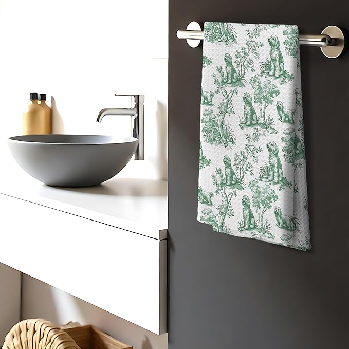 Chinoiserie Golden Doodle Kitchen Towels, Golden Doodle Gifts Hand Towels for Kitchen Bathroom Decor, Sage Green Botanical Grandmillennial Dog Decorative Dish Tea Towels, 16x24 Inch