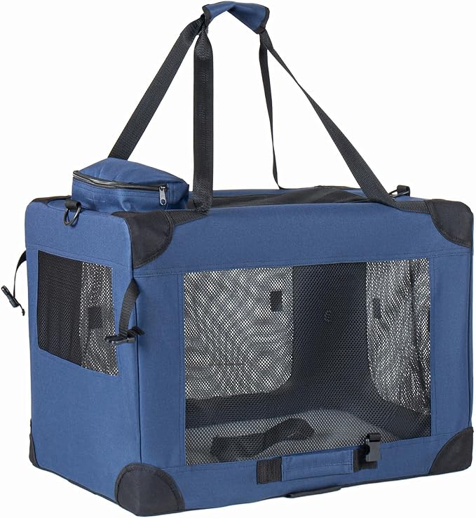 2 in 1 Rolling Dog Crate with Wheels, 24'' Collapsible Travel Pet Carrier for Medium Large Dogs, Portable Folding Kennel with 3-Door Design & Mesh Windows (Dark Blue + 32'')