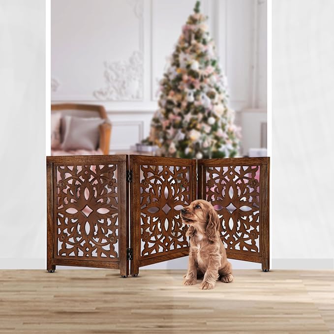 “Lightnpro Wooden Pet Gate – Decorative Carved Foldable Dog Fence, Extra-Wide Freestanding Indoor Safety Gate for Small Dogs – 24x54 Inch Natural Burnt Finish”