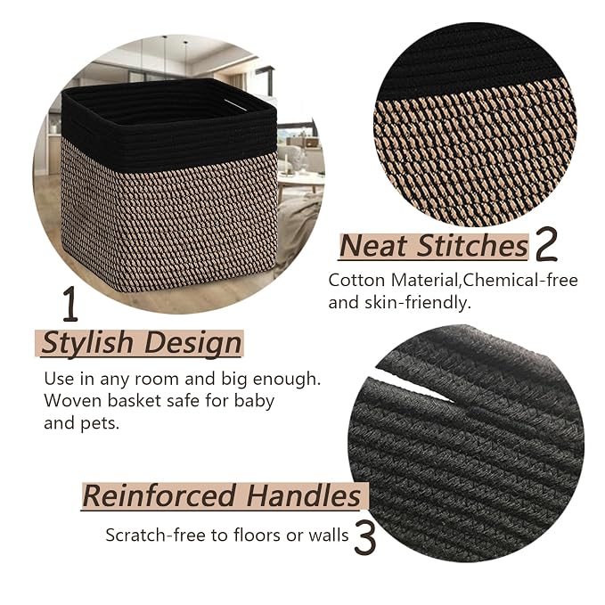 COMFY-HOMI 3PACK Cotton Rope Square Basket with Handles for Shelves|Dog Toy Bin and Storage|Baby Gift|Shoe Organizer|New 11" x 11" x 11" for Living Room