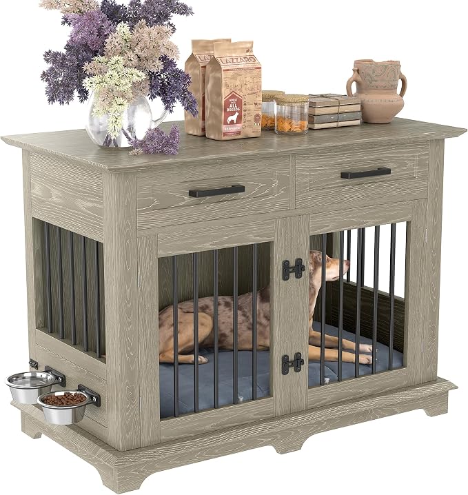 44.48" Large Dog Crate Furniture, Indoor Kennel Furniture with 2 Storage Drawers and Rotating Bowls, End Table, Wooden Dog Crate for Medium Dogs, Gray