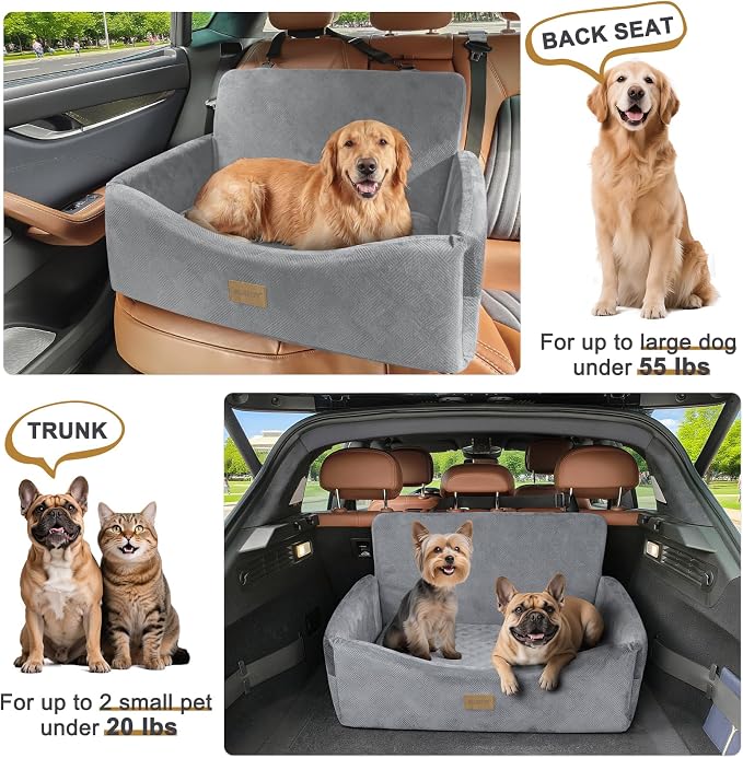 JOEJOY Dog Car Seat for Large Medium Sized Dogs Under 55 lbs, Dog Booster Seat for 2 Small Dogs with Detachable Washable Cover, Memory Foam Pet Car Seat with 2 Safety Belts and Storage Pockets