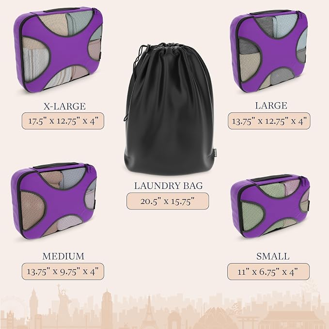 Shacke 5 Set Packing Cubes for Travel with Laundry Bag (Orchid Purple) | Suitcase organizer bags set: 4 water-resistant luggage cubes, XL to Small, + laundry bag for carry-on or checked