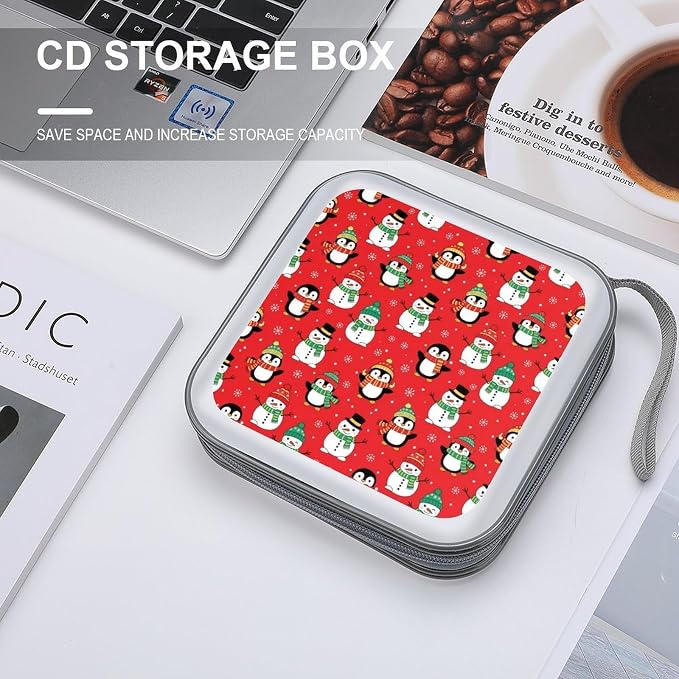 Protective 40-Capacity CD Organizer Christmas Cute Penguin Snowman Red, Hard Case Storage Binder with Zipper, Portable Wallet for Car Home Office