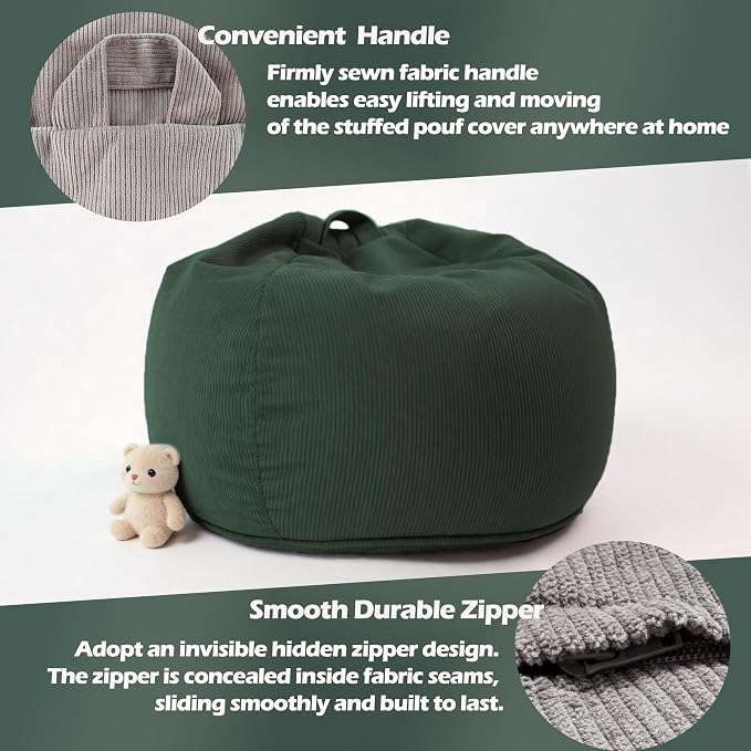 LPMOERA Stuffed Animal Storage Soft Bean Bag Chair Cover No Filler Green | Skin-Friendly,Portable,Wide Easy-Load Opening,Hidden Zipper,Decorative Organizer