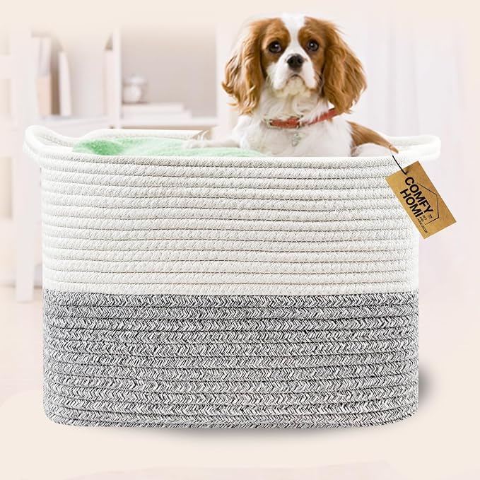 COMFY-HOMI Square Woven Cotton Rope Basket for Organizing, Gift Baskets for Handles, Empty Gift Baskets, Toy Basket for bins|13.5" x 11" x 9.5" home decor for Living Room, Bathroom
