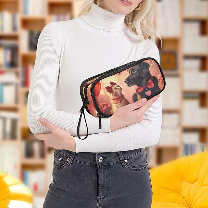Valentine Love Pets Cat Dog Big Pencil Pouch Zipper Pencils Case Cute Pen Marker Bag for Girls Art Print Storage Pencil Bags Stationery Kids Organizer School Supply