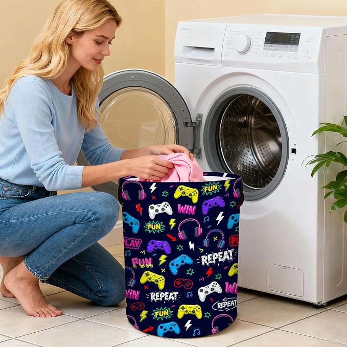 Game Laundry Hamper Boy Baby, Waterproof Laundry Basket for Bedroom, Round Collapsible Storage Bin with Handles for Toys, Nursery Hamper Storage Basket for Bathroom, Game Room Decor, 13.8x17.7in