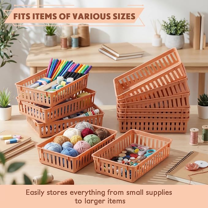 Wenqik Set of 12 Small Plastic Baskets for Organizing, Brown