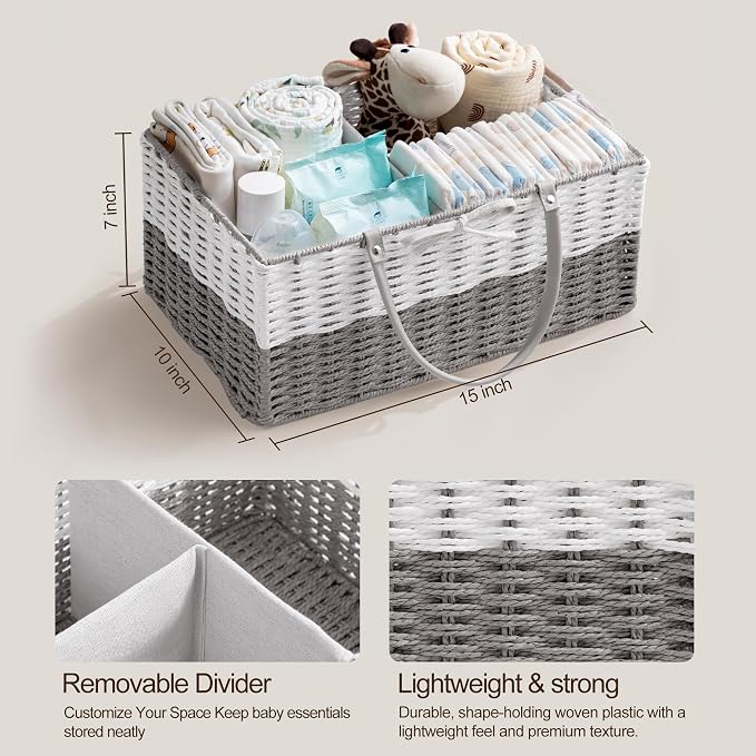 HBlife Large Baby Diaper Caddy Organizer, Paper Rope Storage Baskets Nursery Bin with Removable Divider, Portable Car Organizer for Diapers, Baby Shower Gifts, Newborn Essentials Must Haves