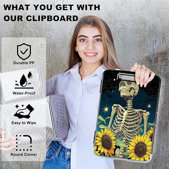 A4 Clipboard with Storage Pen Holder, Clipboards Organizer Nursing Clipboard Foldable File Folder Plastic Clipboard Folio Clip Board for Office Work Classroom Doctor, Dark Skull Sunflower