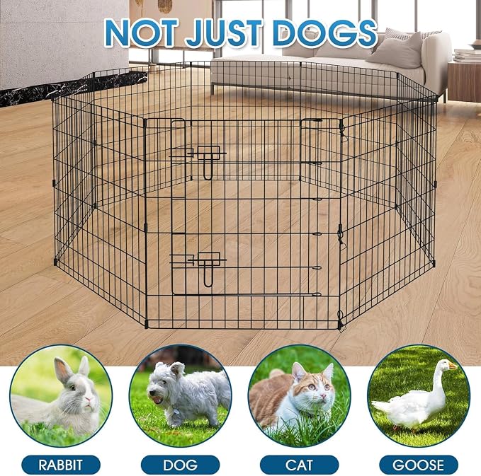 Artmalle Dog Playpen 30" H, 8 Panel 24" W Pen with Door & Octagonal Pad | Eight 24"W x 30"H rustproof metal panels with door and waterproof 600D Oxford octagonal bottom pad for indoor use.