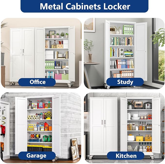 Ckzbx Metal Garage Storage Cabinet with Locking Doors and Adjustable Shelves,71" H Rolling Tool Storage with Wheels for Garage,Office (White)