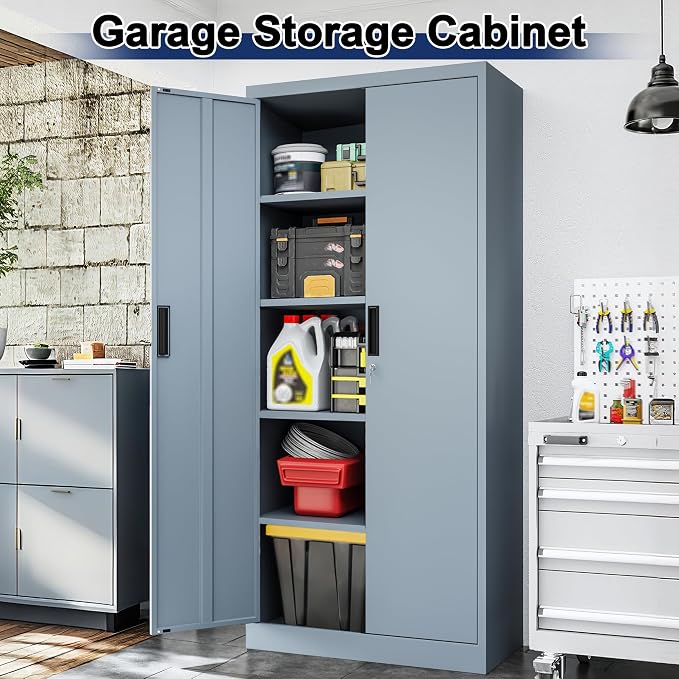 BESFUR Metal Storage Cabinet with 2 Doors and 4 Adjustable Shelves Garage Storage Cabinet with Lock 71" Office Storage Cabinets Locking Cabinets for Garage Office Shop Home (Gray)
