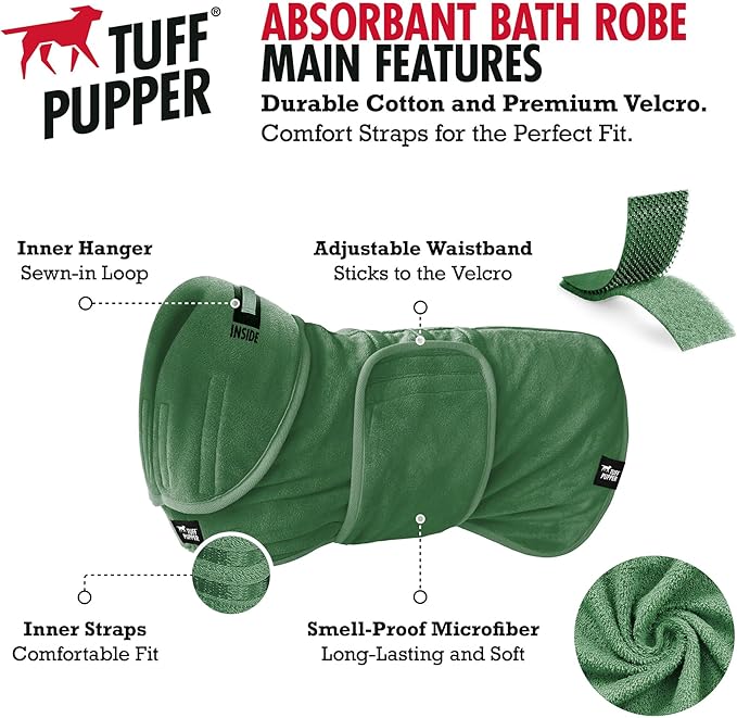 Tuff Pupper Fast Drying Dog Bath Robe | 800 GSM Plush Dog Towel Bathrobe/Dressing Gown | Super Absorbent Pet/Puppy Bathrobe | Adjustable Hood & Belly Strap | Super Soft | Fast Drying (L, Green)