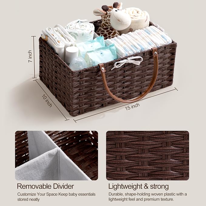 HBlife Large Diaper Caddy Organizer, Washable Waterproof, Portable Plastic Wicker Woven Basket with Divider, Nursery Diaper Station, Baby Shower Gifts Basket & Car Organizer