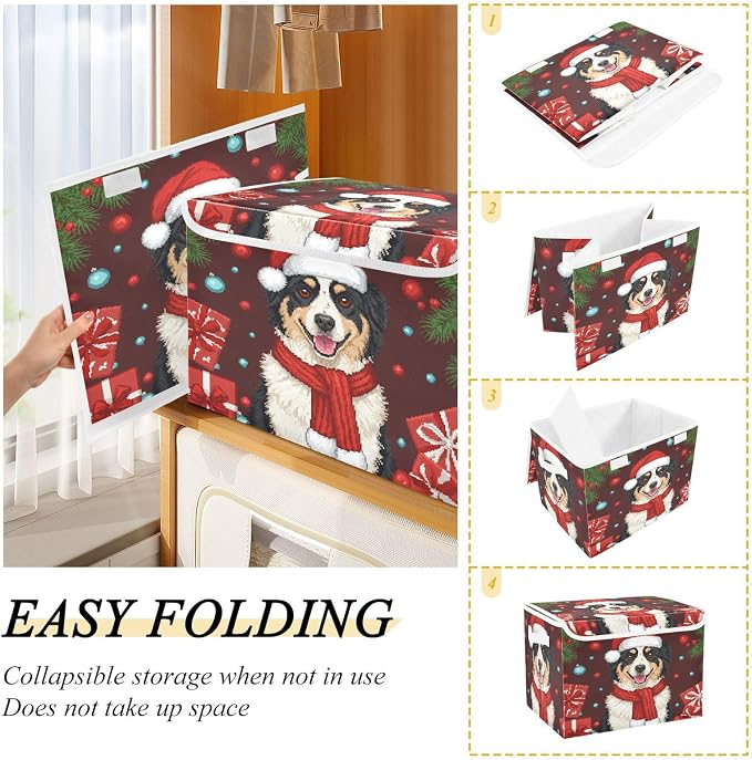 Winter Christmas Pet Storage Bins with Lids Closet Bedroom 40L Fabric Bin | Decorative Storage Boxes, Foldable & Stackable, Dust-Proof Flip Top, Reinforced Handles, For Home & Dorm, Clothes & Toy Box