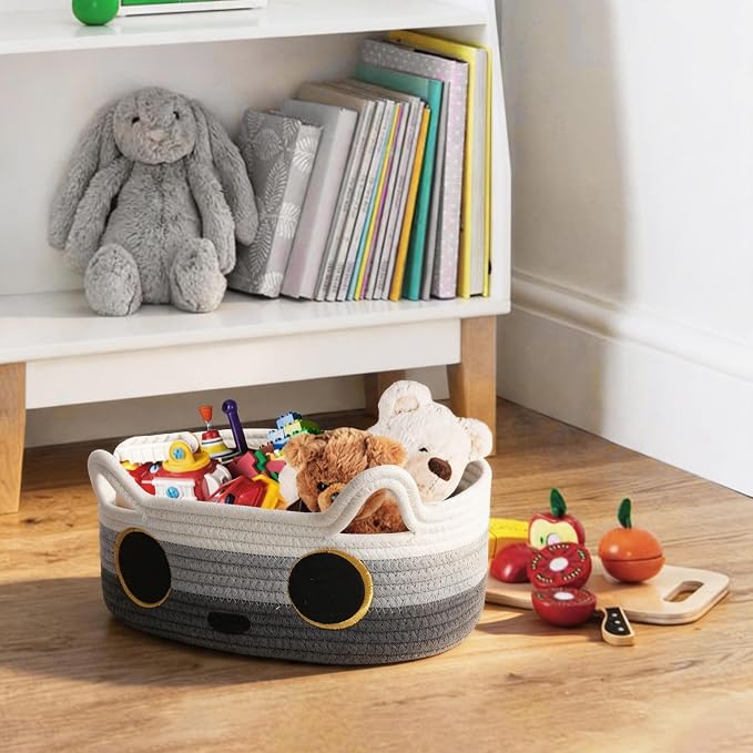 Cat Toy Basket, Small Woven Cat Toy Storage Box with Cute Ear Handle Indoor, Cotton Rope Storage Bin with Embroidered Face for Home Decor, Pet Bed, Nursery Kids Room Organization, 3-tone Gray
