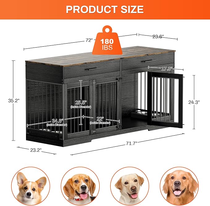 Rophefx 72" Double Dog Crate Furniture with Drawers and Divider, Black | Wooden dog kennel for 2 medium dogs with 2 drawers, removable divider, 4 bowls and TV stand top