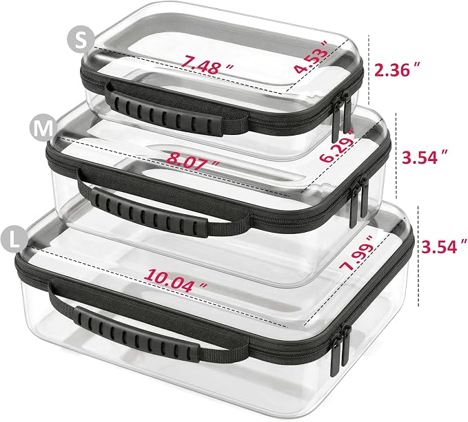 Clear Hard Shell Organizer Cases, 3 Pack with Handle | Durable PET shell with water-resistant, scratch-resistant surface for travel, toiletries, electronics and toys