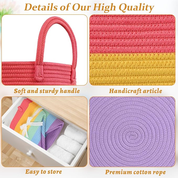 67L Large Rainbow Blanket Basket, Cotton Rope Baby Laundry Hamper with Handles, Kids Toy Basket for Classroom & Nursery, Soft Round Stuffed Animal Storage, Dog Toy Bin - 20"x13", Rainbow