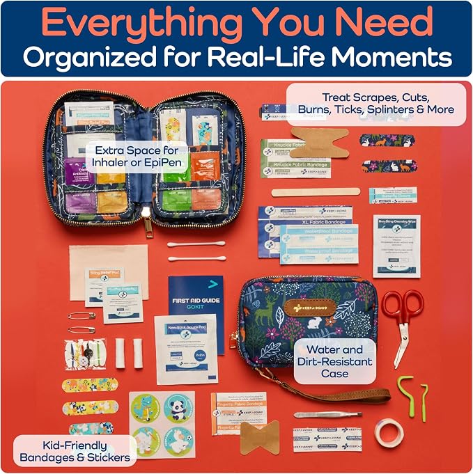KeepGoing Travel First Aid Kit for Kids, 130 Pc. TSA-Approved Travel Size | Toddler First Aid Kit, Mini First Aid Kit for Car, Home, Purse, Diaper Bag & Backpack, Latex-Free Bandages