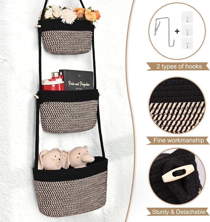 Hanging Basket, 3-Tier Woven Wall Basket with 4 Hooks, Cotton Rope Storage Baskets, Over the Door Organizer for Nursery, Bedroom, Cottage and Boho Wall Decor