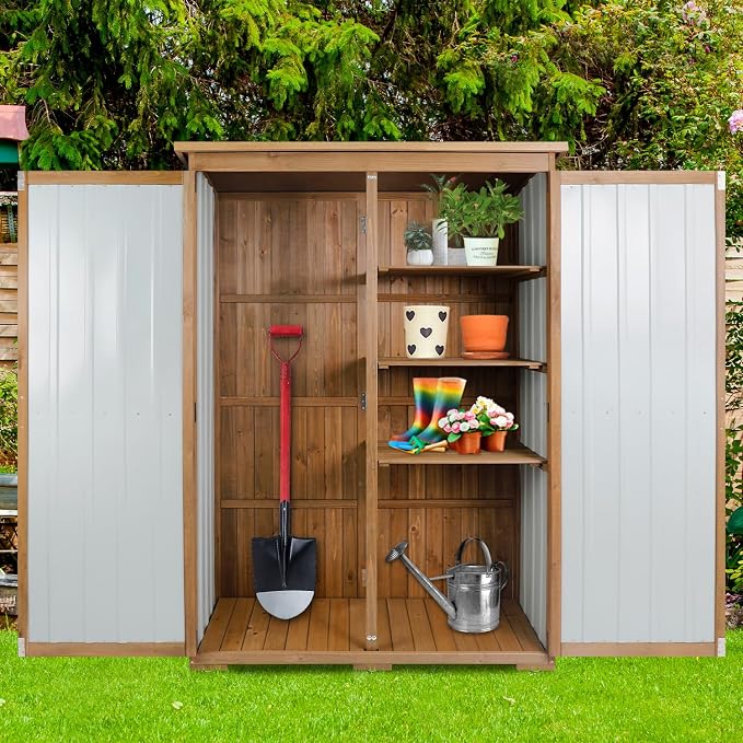 Ketive Outdoor Storage Cabinet, Wood & Metal Storage Shed with Weather-Resistant Roof, Double Lockable Doors, Removable Shelves & Adjustable Feet, for Patio, Backyard, Poolside, 46" x 18" x 68"