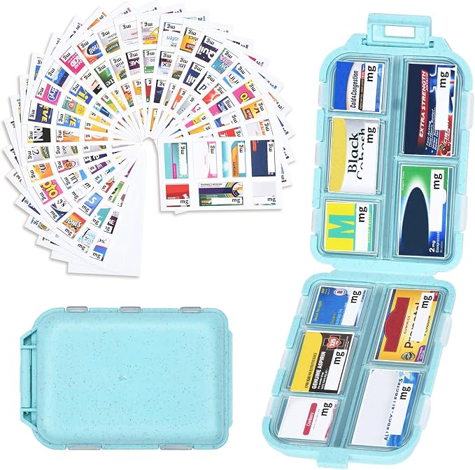 Blue 189-Label Pill Organizer - Travel Medicine Case with Compact Pill Box & Labels (1 Pack)