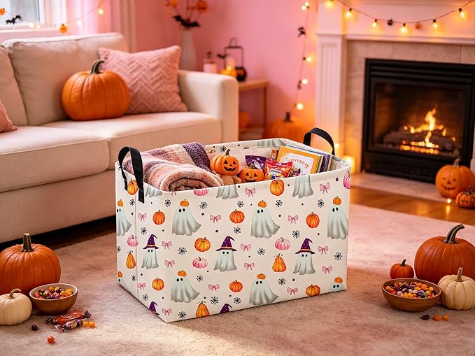 Sanjiaofeng Rectangular Pink Halloween Ghost Storage Basket,Trick or Treat Halloween Basket,Halloweens‌ Party Candy Gift Baskets(Pink Pumpkin)