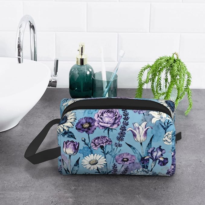 Blue and Purple Watercolor Floral Makeup Bag - Durable 600D Oxford Fabric Travel Cosmetic Bag, Shockproof Foam Padded Toiletry Organizer for Gym & Daily Use 10x6.2x4.9 Inch