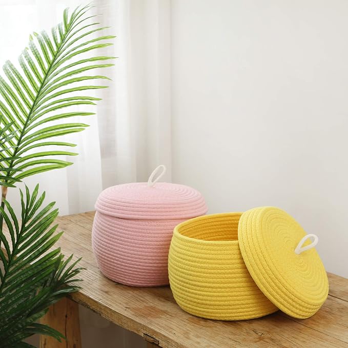 Sea Team Round Woven Cotton Rope Storage Basket with Lid, Yellow | Lidded Knitted Decorative Storage Bin, Pot, Caddy, Organizer, Container for Snacks, Towels, Plants, 10 x 7.5 Inches
