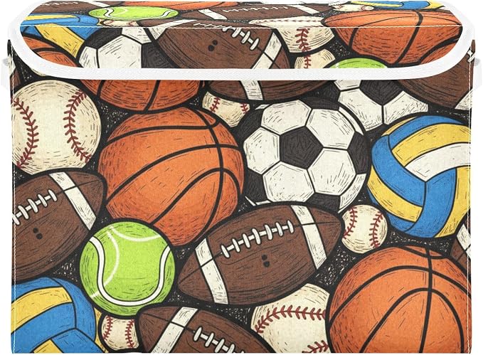 Ball Sport Soccer Storage Bins with Lids Closet Bedroom 40L Storage Basket | Decorative Storage Boxes, Foldable & Stackable, Dust-Proof Flip Top, Reinforced Handles, For Home & Dorm, Clothes & Toy Box